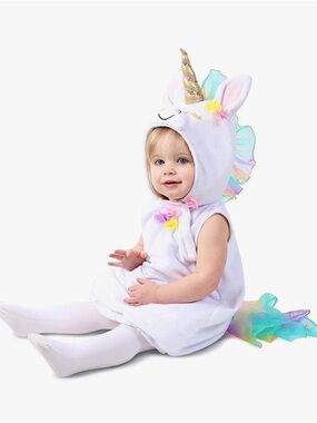 NEW PRINCESS PARADISE White Unicorn Bubble Costume Hooded Dress Rainbow Accents